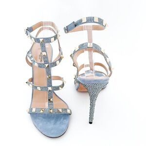 Valentino Garavani Rockstud Crystal Blue Suede Cage Sandal High Heel Stiletto 39